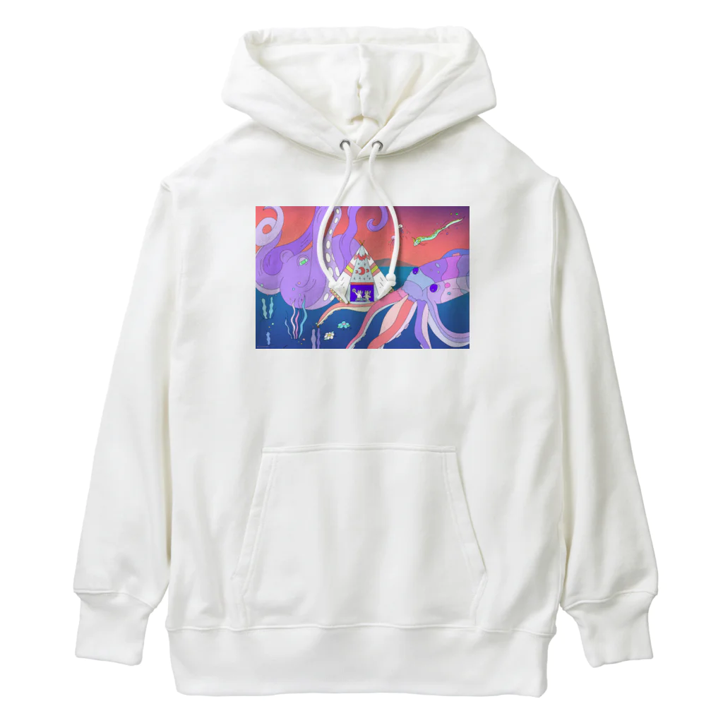 宇宙キャンプの深海でDJするねこ、タコとイカ、クラゲ、リュウグウノツカイ Heavyweight Hoodie