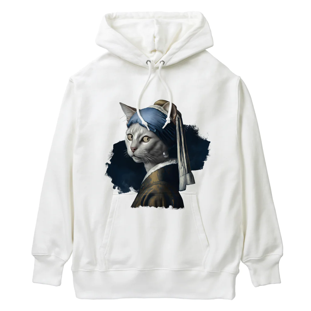 Hamidusのパールイヤリングをした猫- Vermeerの笑える絵画 Heavyweight Hoodie