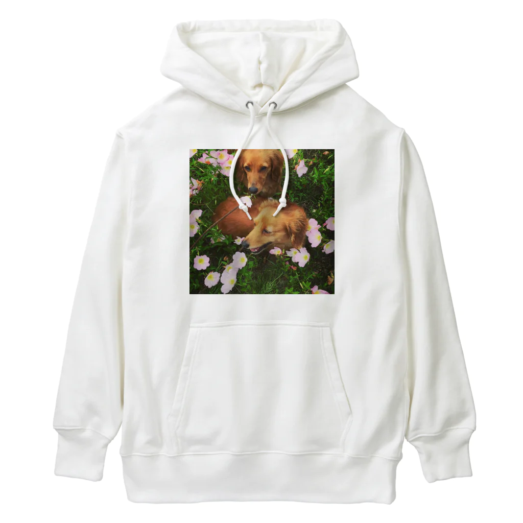 あとりえkittenのダックスのマロンとカプチーノと花畑 Heavyweight Hoodie