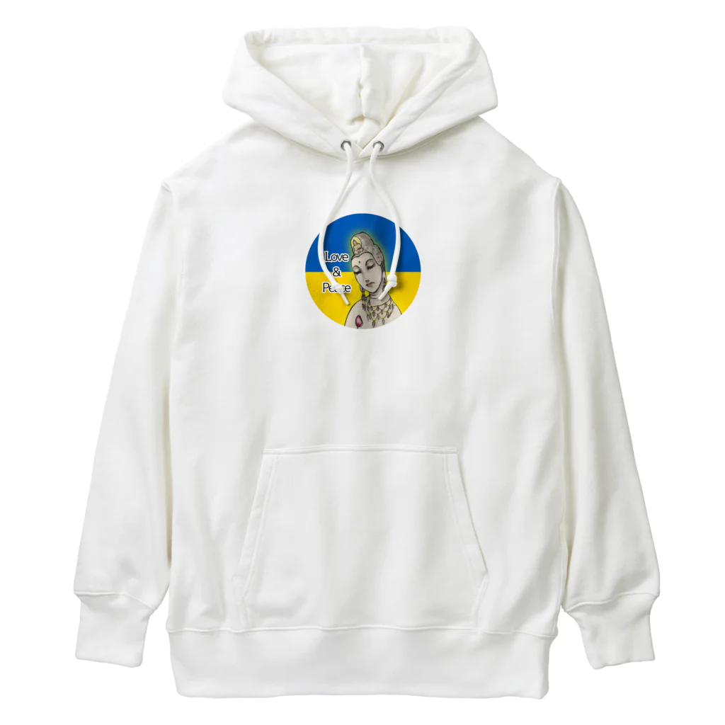 諭苑のSUZURI店のLove＆Peace観世音菩薩ウクライナ国旗背景 Heavyweight Hoodie