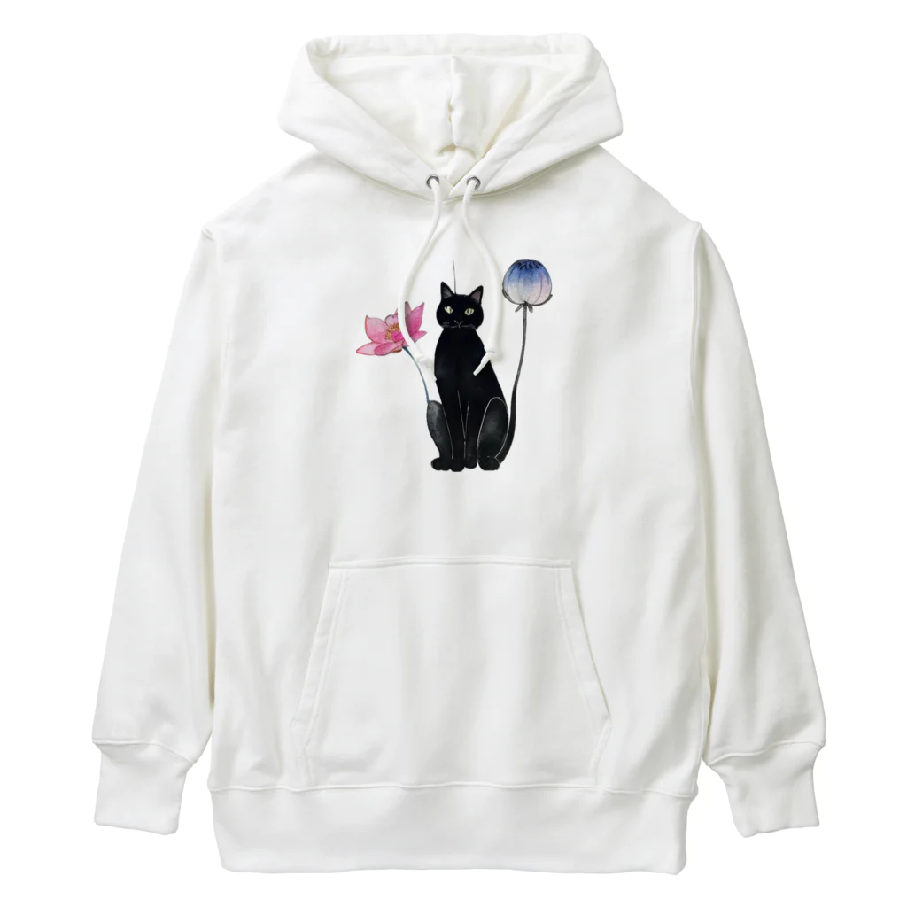 幸運のしっぽの黒猫と花 Heavyweight Hoodie