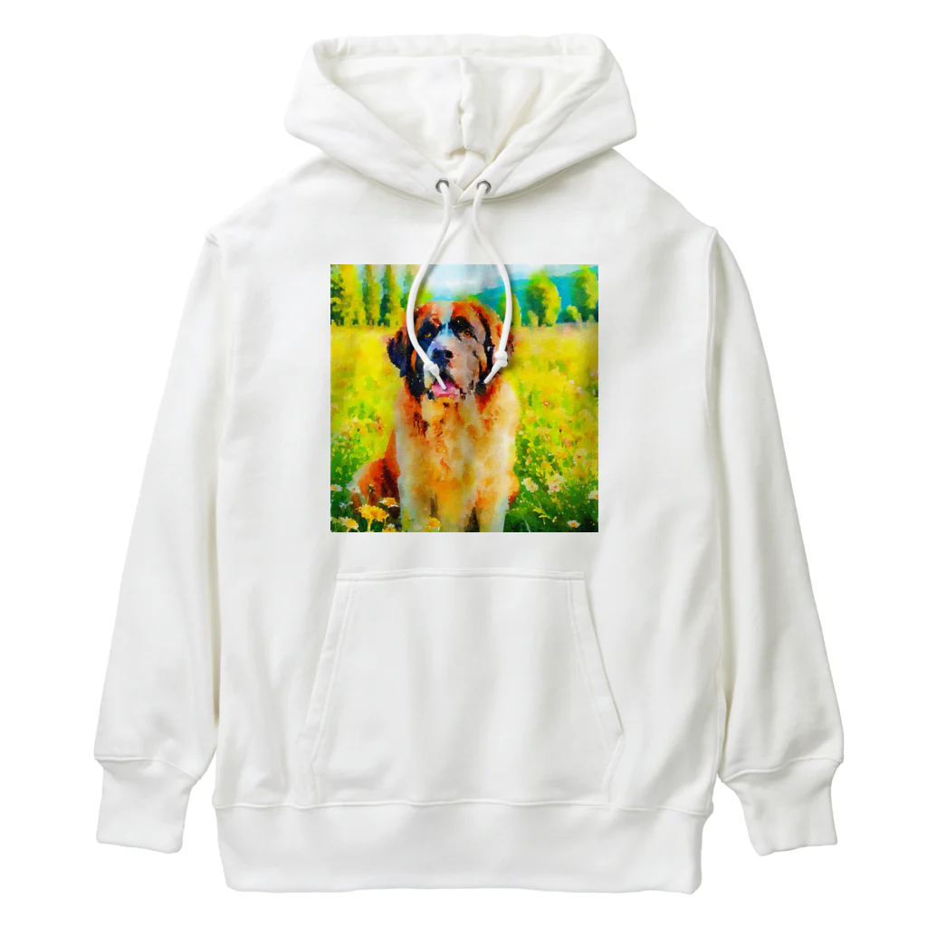 犬好きのしましまの水彩画の犬 花畑のセントバーナードのイラスト Heavyweight Hoodie