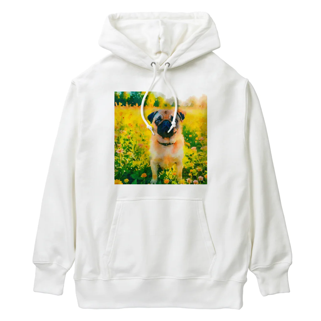 犬好きのしましまの水彩画の犬 花畑のパグのイラスト Heavyweight Hoodie