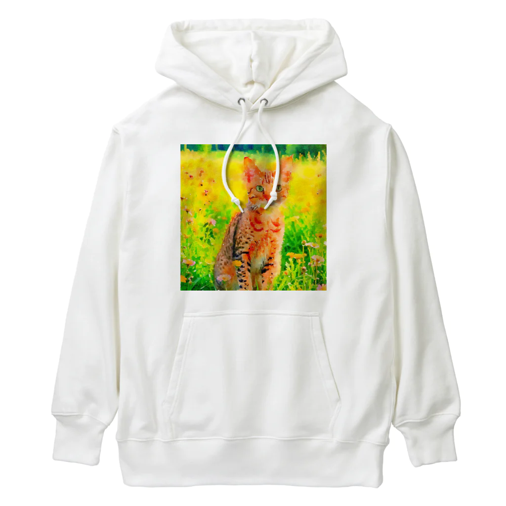 猫好きの谷の猫の水彩画/花畑のオシキャットねこのイラスト/キジトラネコ Heavyweight Hoodie