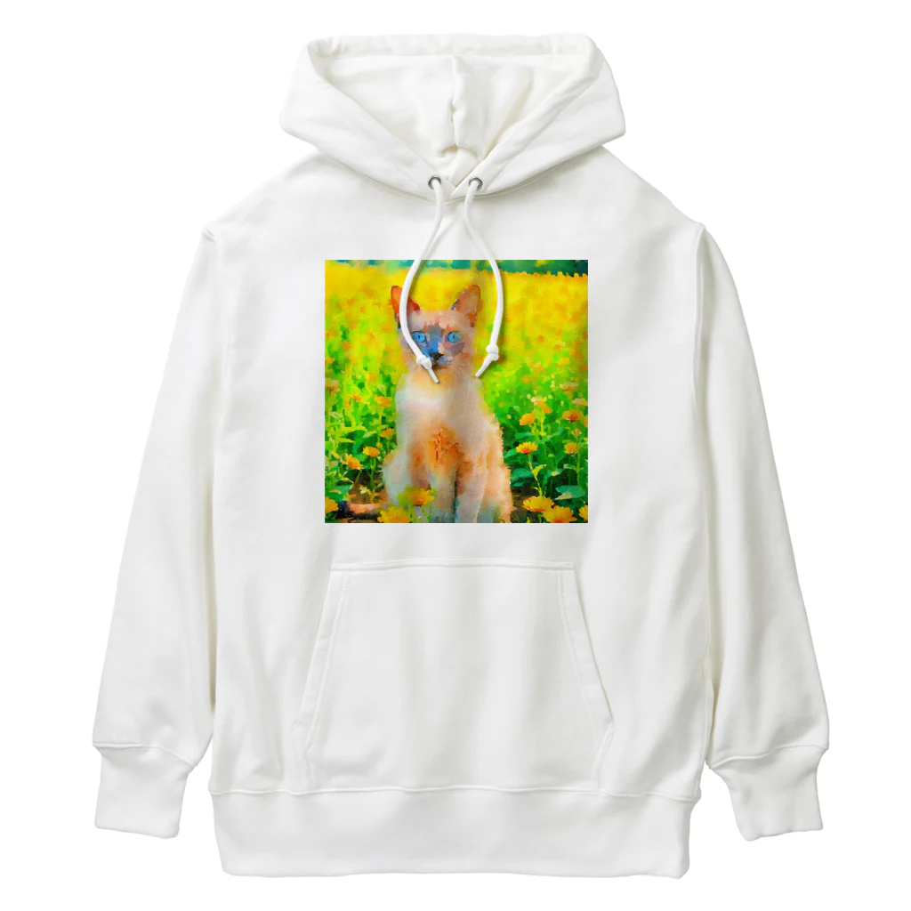 猫好きの谷の猫の水彩画/花畑のトンキニーズねこのイラスト/ポイントネコ Heavyweight Hoodie