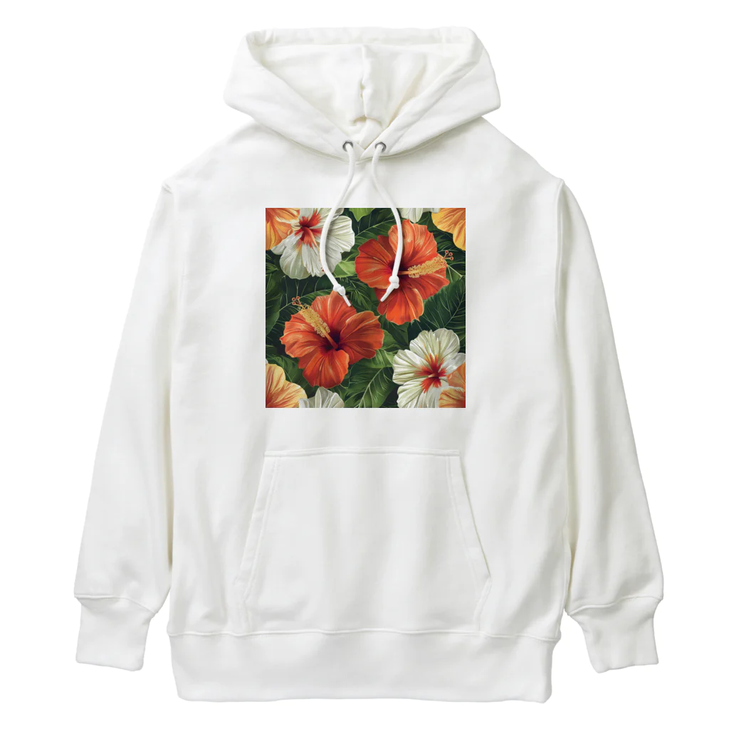 オンラインショップイエローリーフの鮮やかな赤色と白色ハイビスカス Heavyweight Hoodie