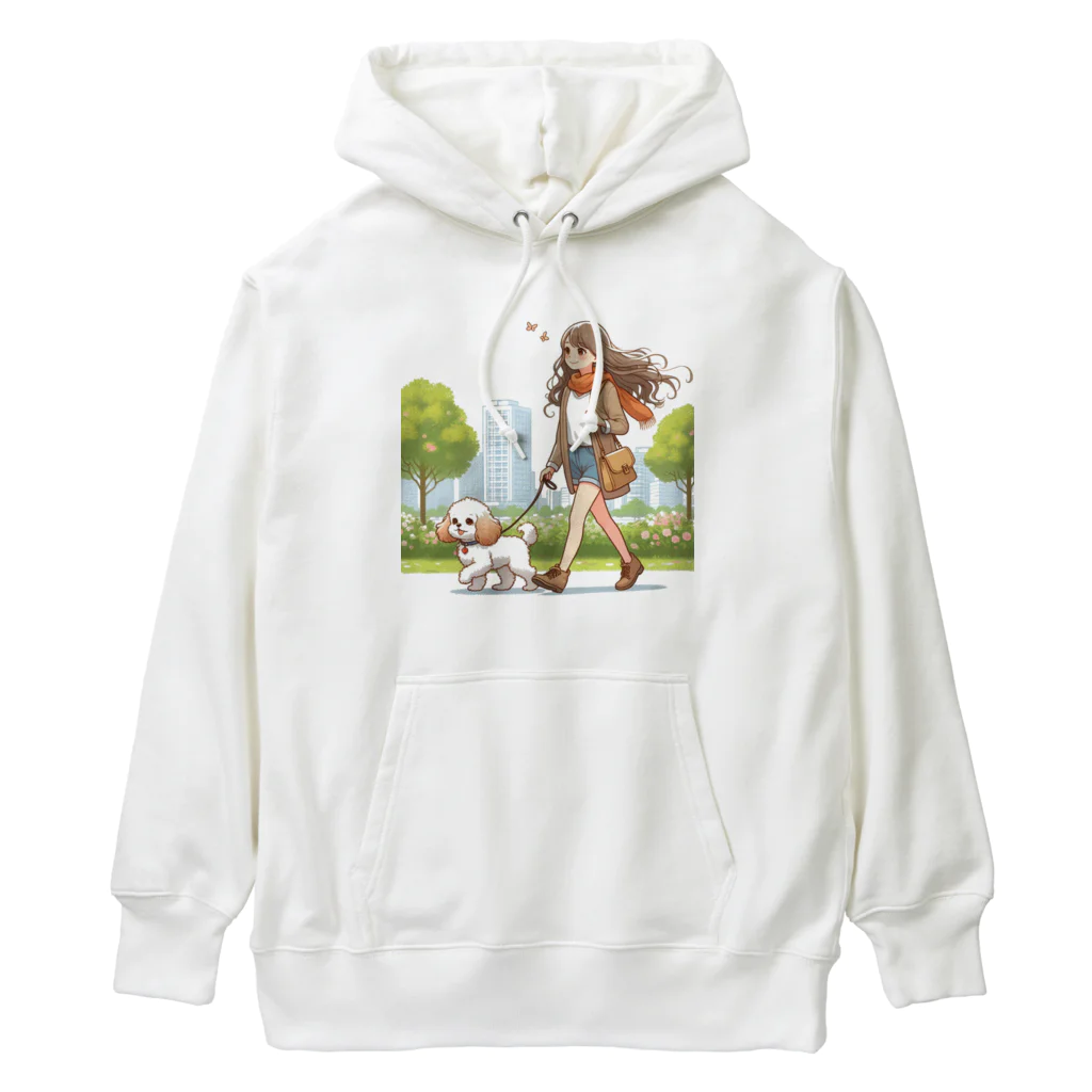 南国のかわいい犬と散歩をする女性 Heavyweight Hoodie