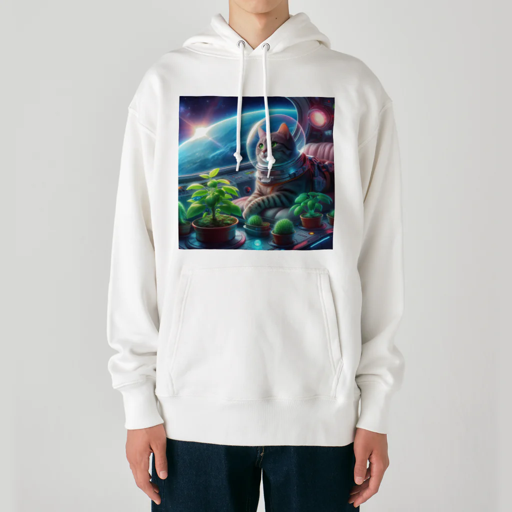 ニャーちゃんショップの宇宙船で植物を育てながら宇宙旅行している猫 Heavyweight Hoodie