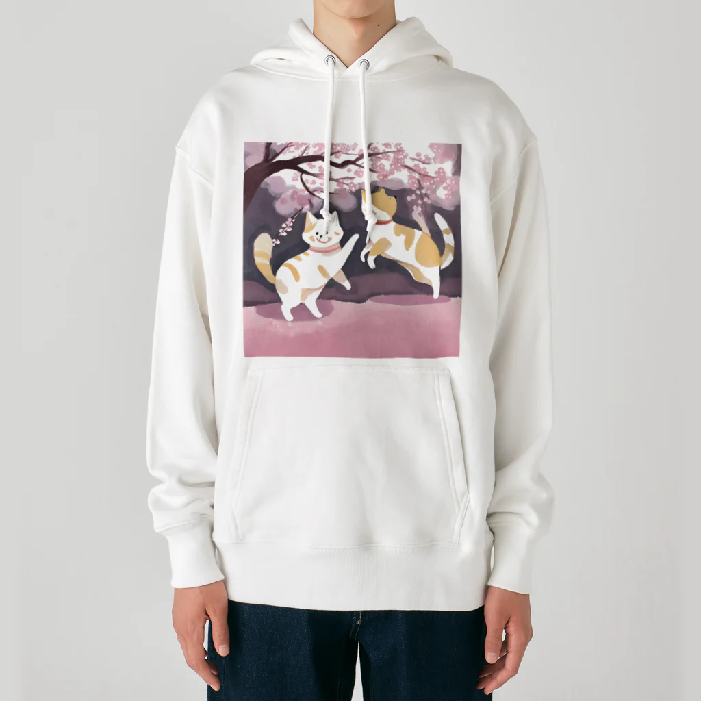 Shironekokuuの桜で遊ぶ犬と猫 Heavyweight Hoodie