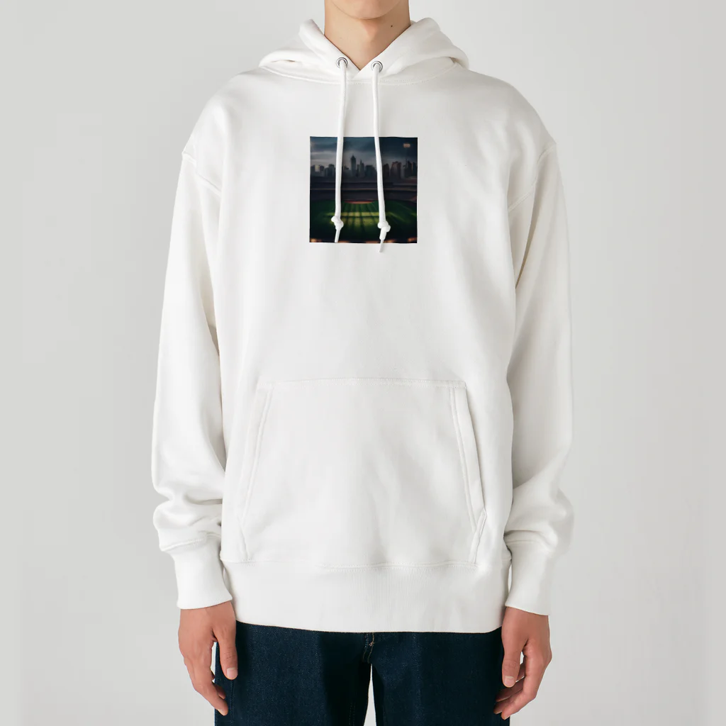 dream_canvasの空にそびえる高層ビルとスポーツスタジアムの壮大な景色。 Heavyweight Hoodie