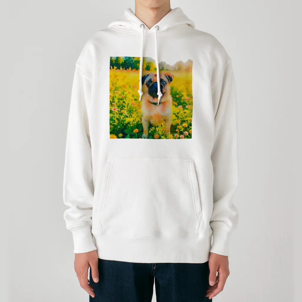 犬好きのしましまの水彩画の犬 花畑のパグのイラスト Heavyweight Hoodie