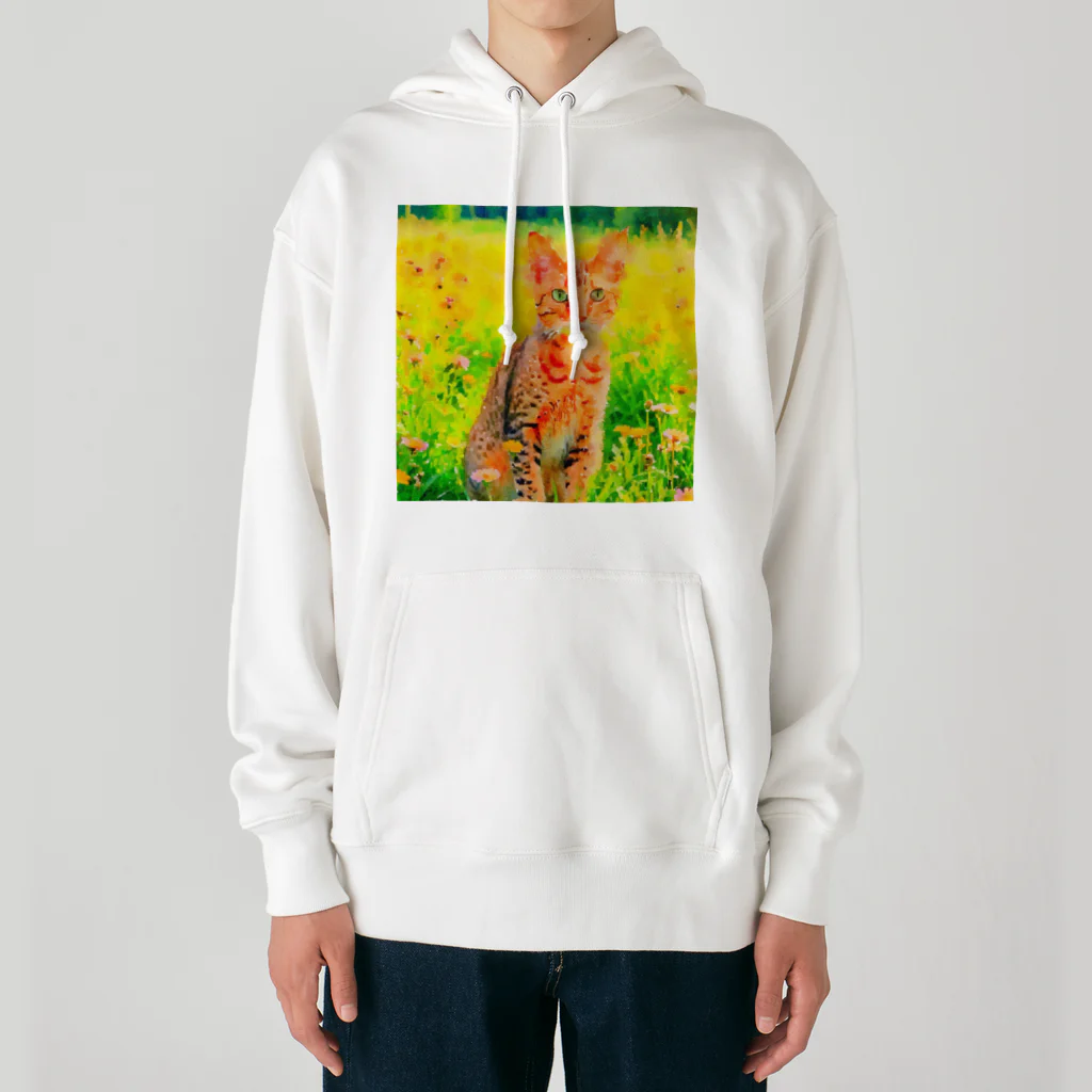 猫好きの谷の猫の水彩画/花畑のオシキャットねこのイラスト/キジトラネコ Heavyweight Hoodie