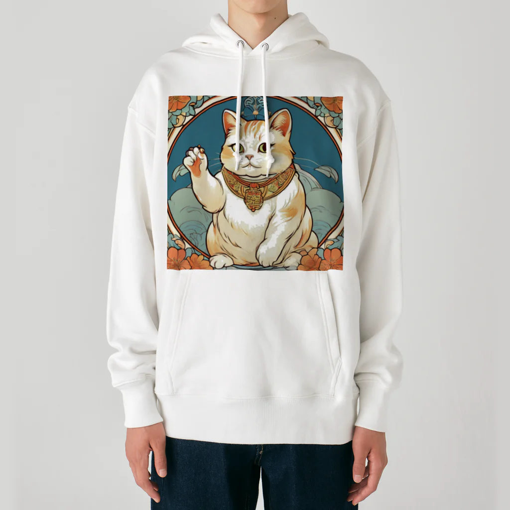 ゆまちゃんの開運雑貨屋さんの夜のミュシャ風招き猫 Heavyweight Hoodie