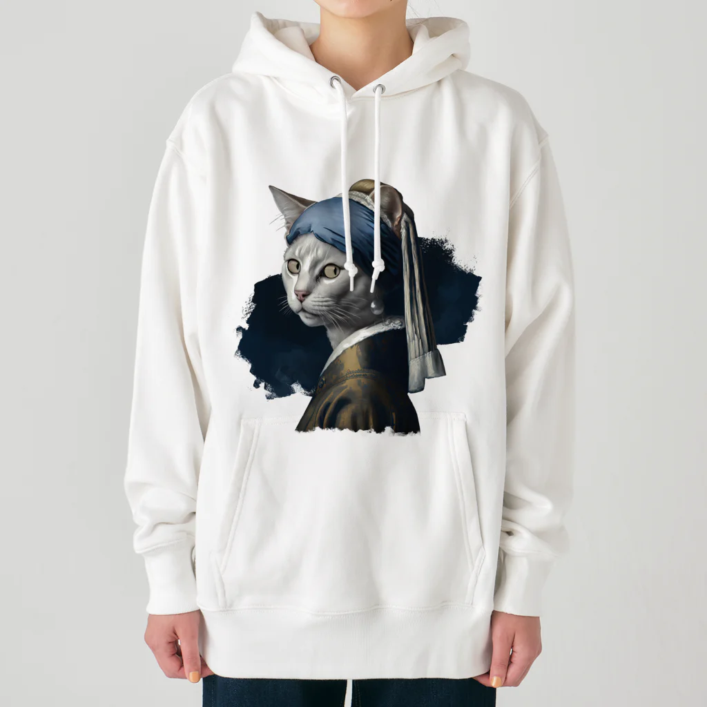 Hamidusのパールイヤリングをした猫- Vermeerの笑える絵画 Heavyweight Hoodie