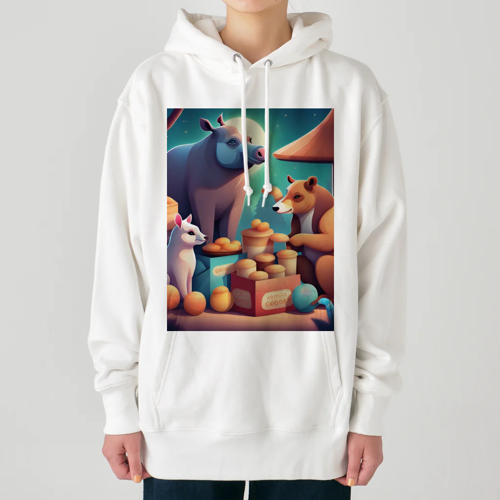 動物のオシャレ屋の夜空の下で食卓を囲む動物たち Heavyweight Hoodie