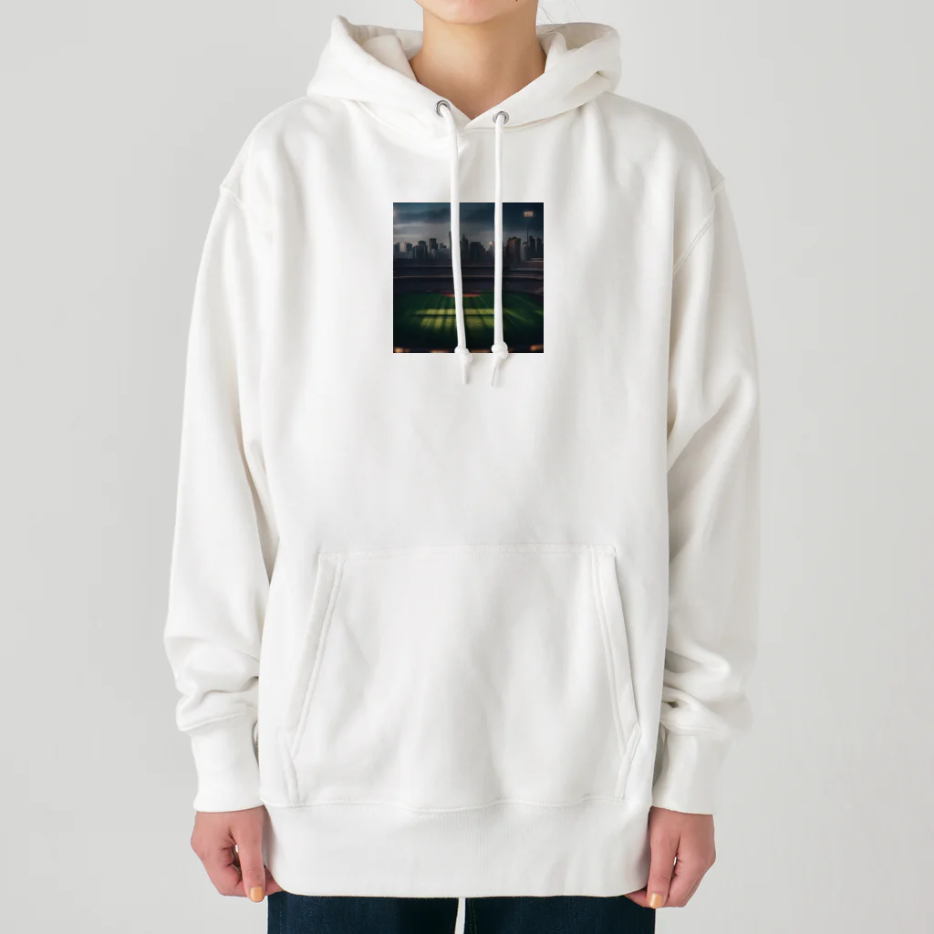 dream_canvasの空にそびえる高層ビルとスポーツスタジアムの壮大な景色。 Heavyweight Hoodie