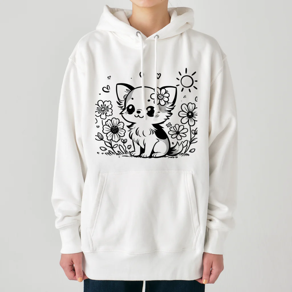 くつろぎ堂☆ネコにゃん☆イヌわんの**お花の子犬のチワワ**モノクロ Heavyweight Hoodie