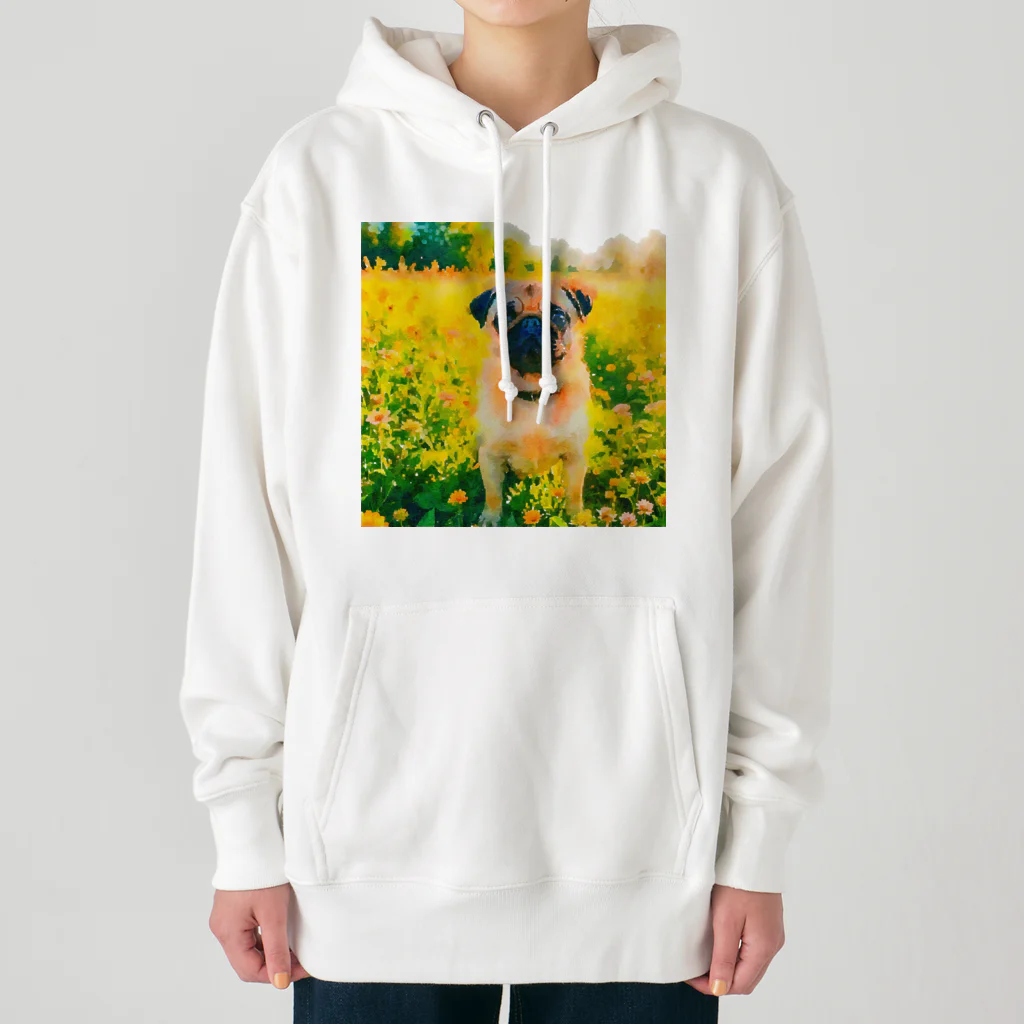 犬好きのしましまの水彩画の犬 花畑のパグのイラスト Heavyweight Hoodie