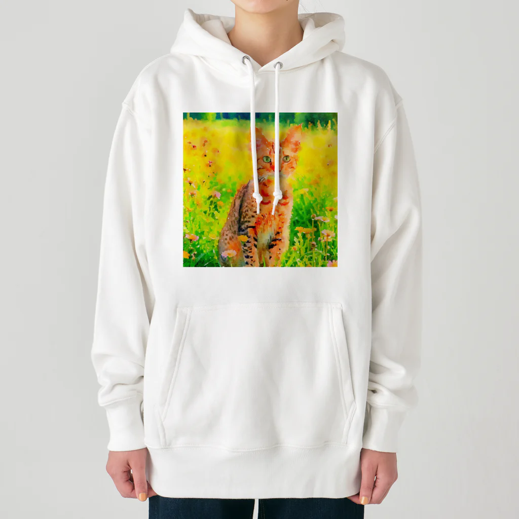 猫好きの谷の猫の水彩画/花畑のオシキャットねこのイラスト/キジトラネコ Heavyweight Hoodie