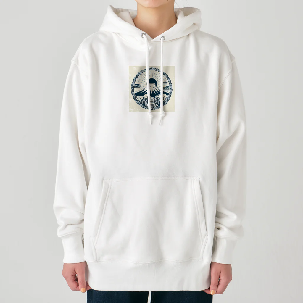 Cool Japanese CultureのMinimalist Traditional Japanese Motif Featuring Mount Fuji and Seigaiha Patterns Heavyweight Hoodie