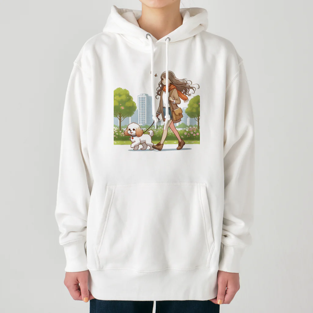 南国のかわいい犬と散歩をする女性 Heavyweight Hoodie