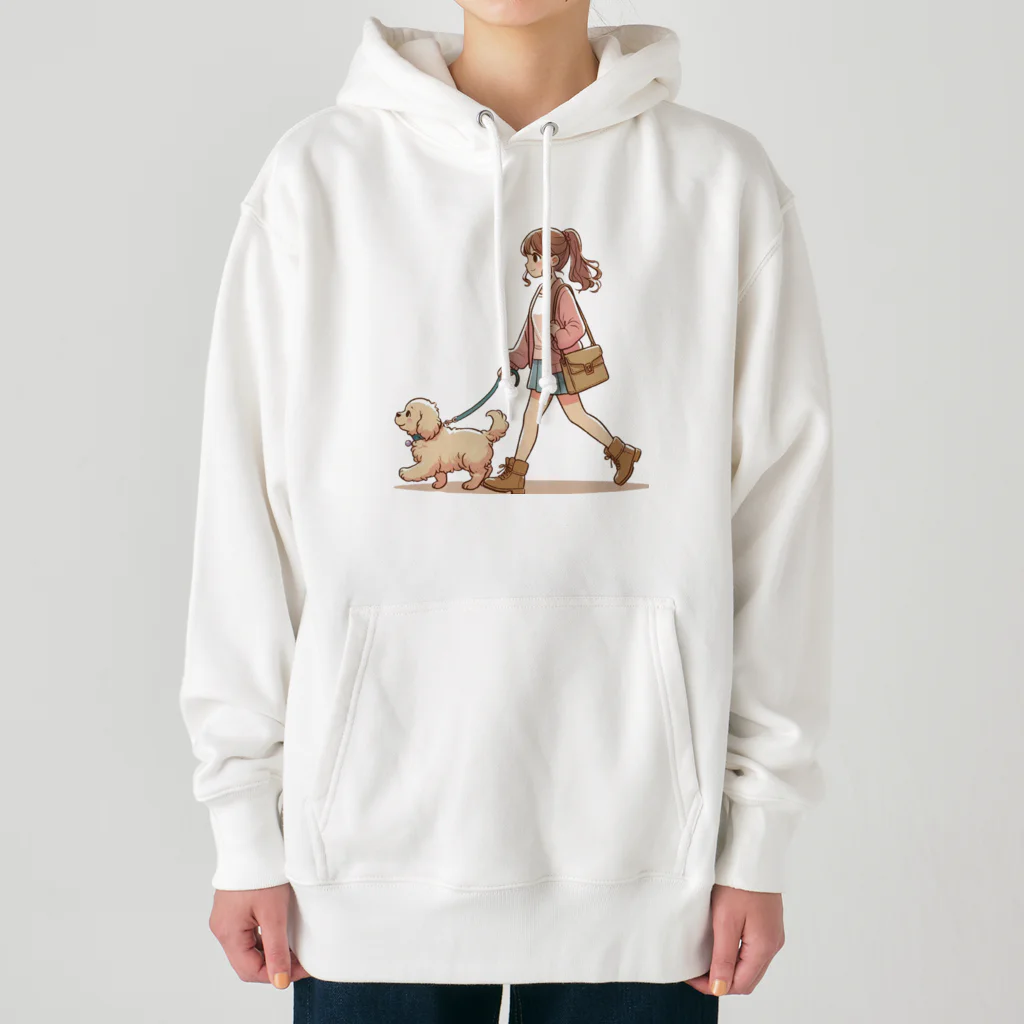 南国のかわいい犬と散歩をする女性 Heavyweight Hoodie