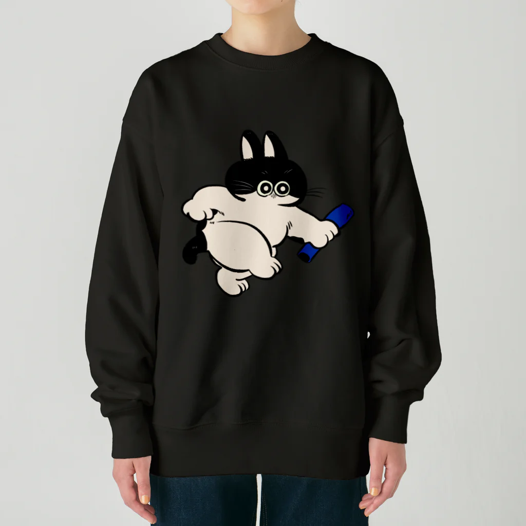 愉快レトロ雑貨屋★39太郎のバトンタッチ猫★ぽんちゃん(青組) Heavyweight Crew Neck Sweatshirt