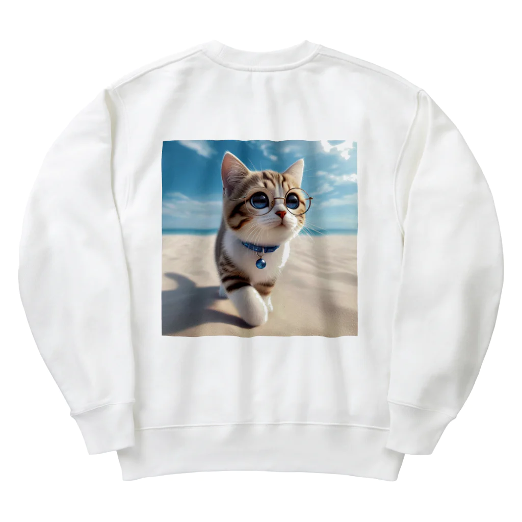 猫と紡ぐ物語の南国の海辺を歩く勇ましさに胸キュン猫 Heavyweight Crew Neck Sweatshirt