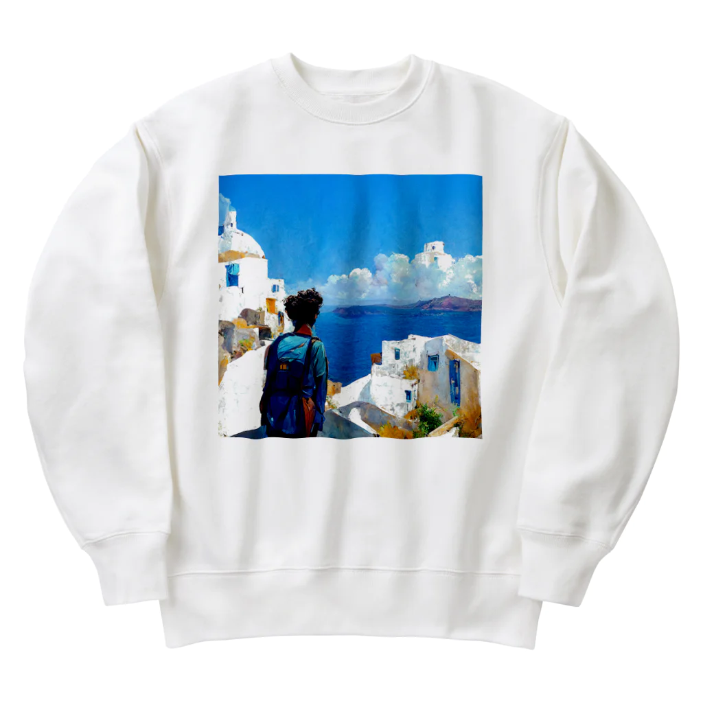 midjourney_travelerのサントリーニ島 Heavyweight Crew Neck Sweatshirt