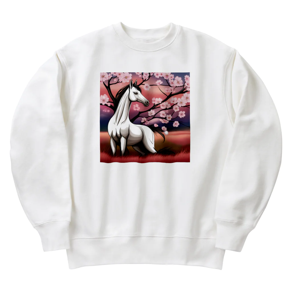 鶴丸男のお店の夜桜に佇む芦毛の怪物くん Heavyweight Crew Neck Sweatshirt