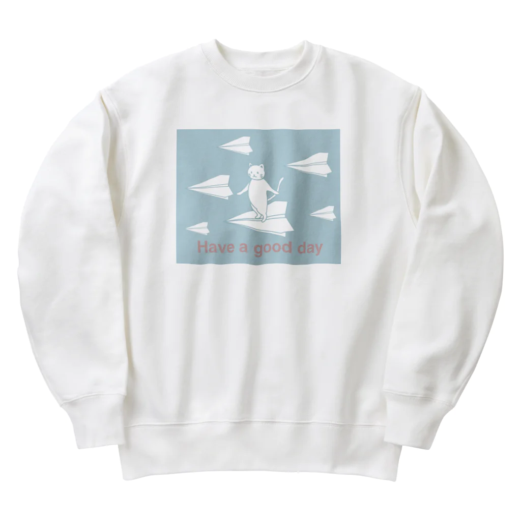 soraのHave a good day 紙飛行機に乗った猫のさぶろう Heavyweight Crew Neck Sweatshirt