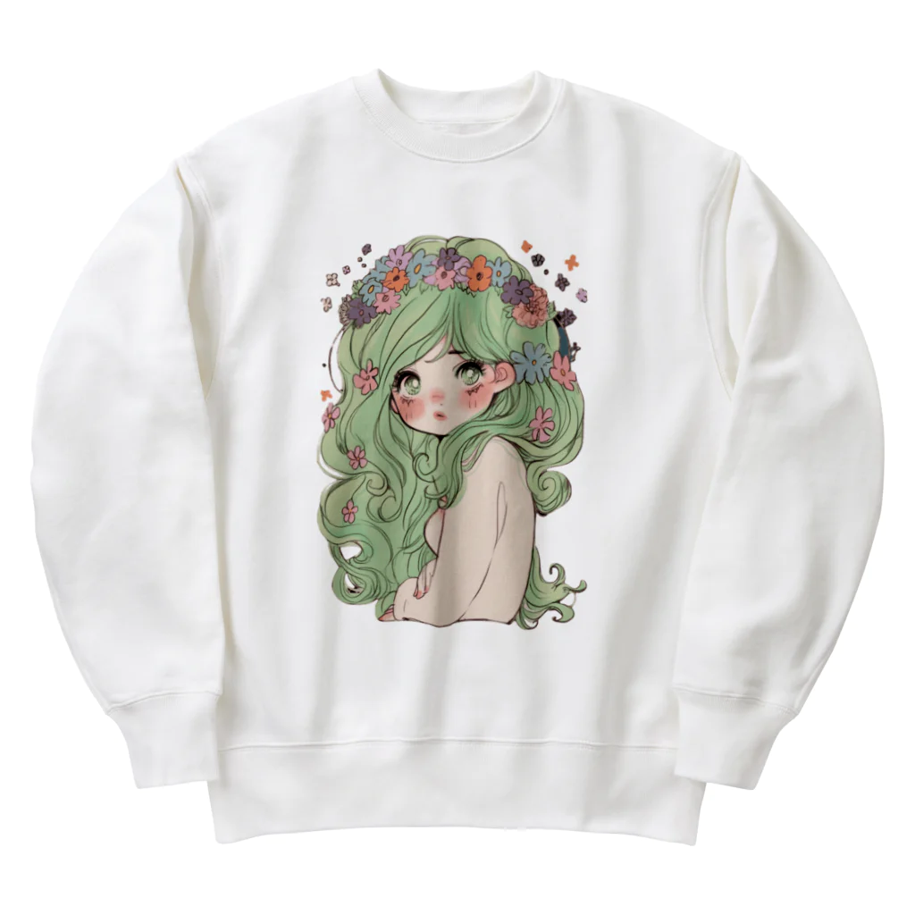 天道虫のグリーンフラワーガール Heavyweight Crew Neck Sweatshirt