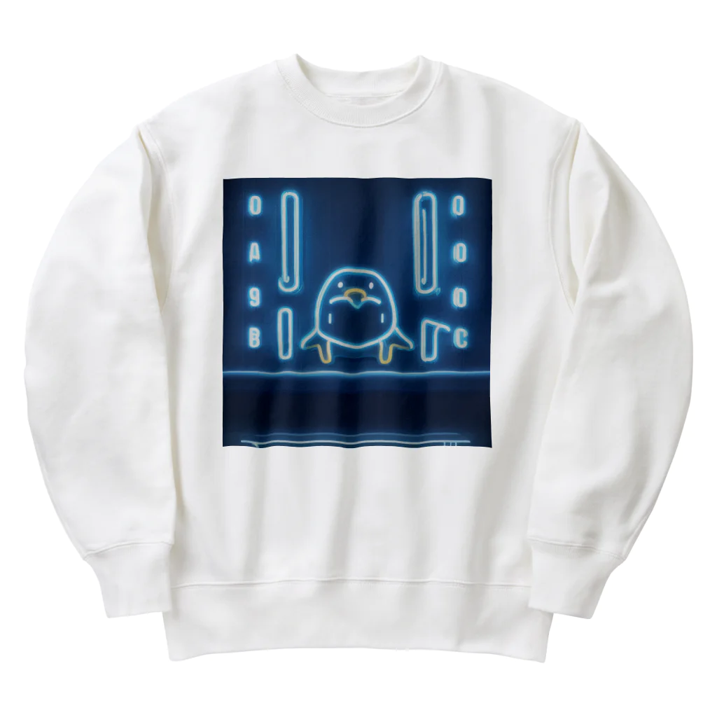 ペンギンとネオンとサイバーのサイバーペンギンたちの街のネオン看板 Heavyweight Crew Neck Sweatshirt