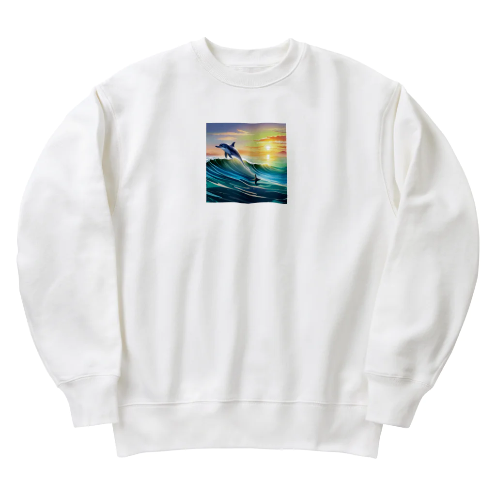 itacyoko(AIイラスト屋)の夕暮れで飛ぶイルカ Heavyweight Crew Neck Sweatshirt