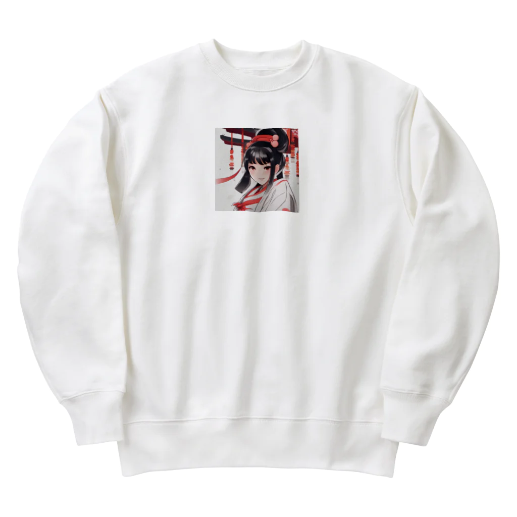 ワンダーワールド・ワンストップの巫女服を着た綺麗なポニーテール女性のグッズ Heavyweight Crew Neck Sweatshirt