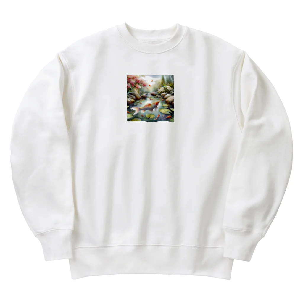 ワンダーワールド・ワンストップの鯉が泳いでいる水彩画調の池③ Heavyweight Crew Neck Sweatshirt