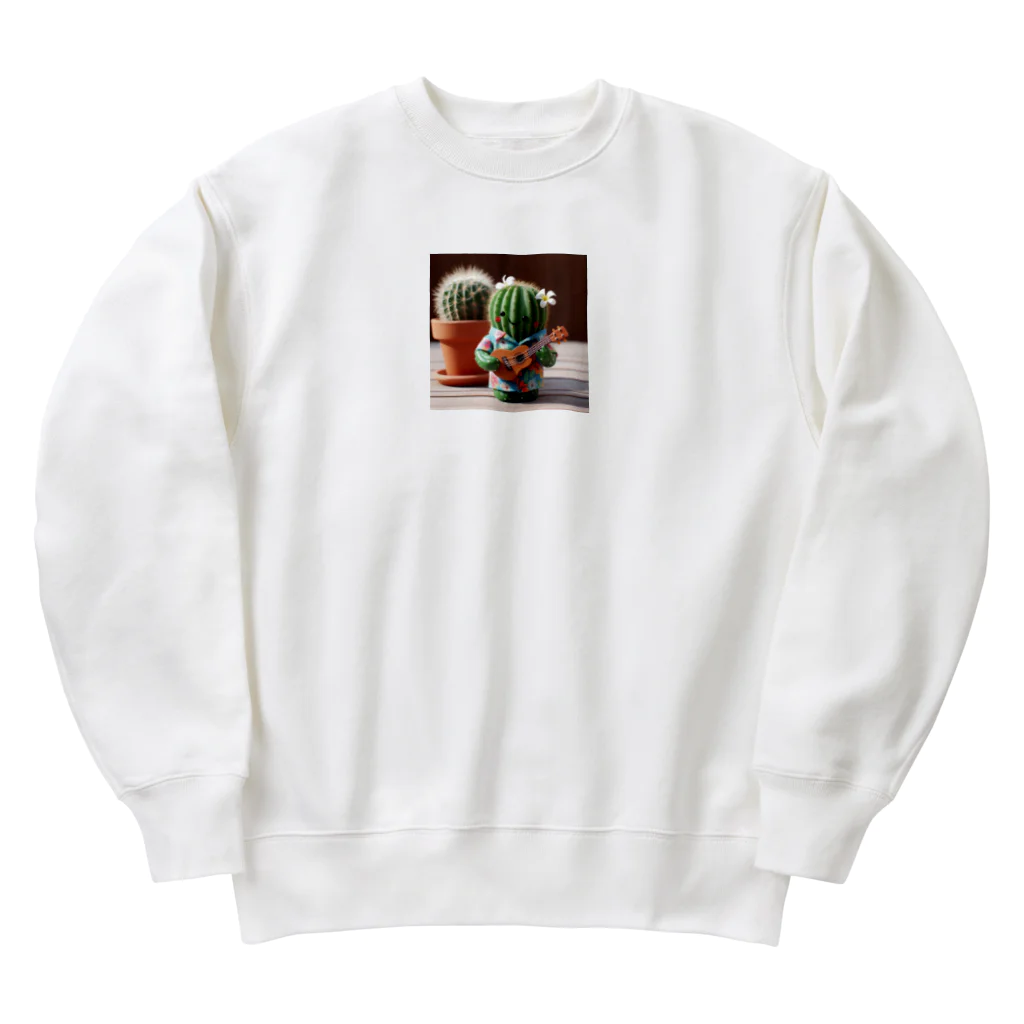 ワンダーワールド・ワンストップのハワイアンシャツを着てウクレレを弾くサボテン Heavyweight Crew Neck Sweatshirt