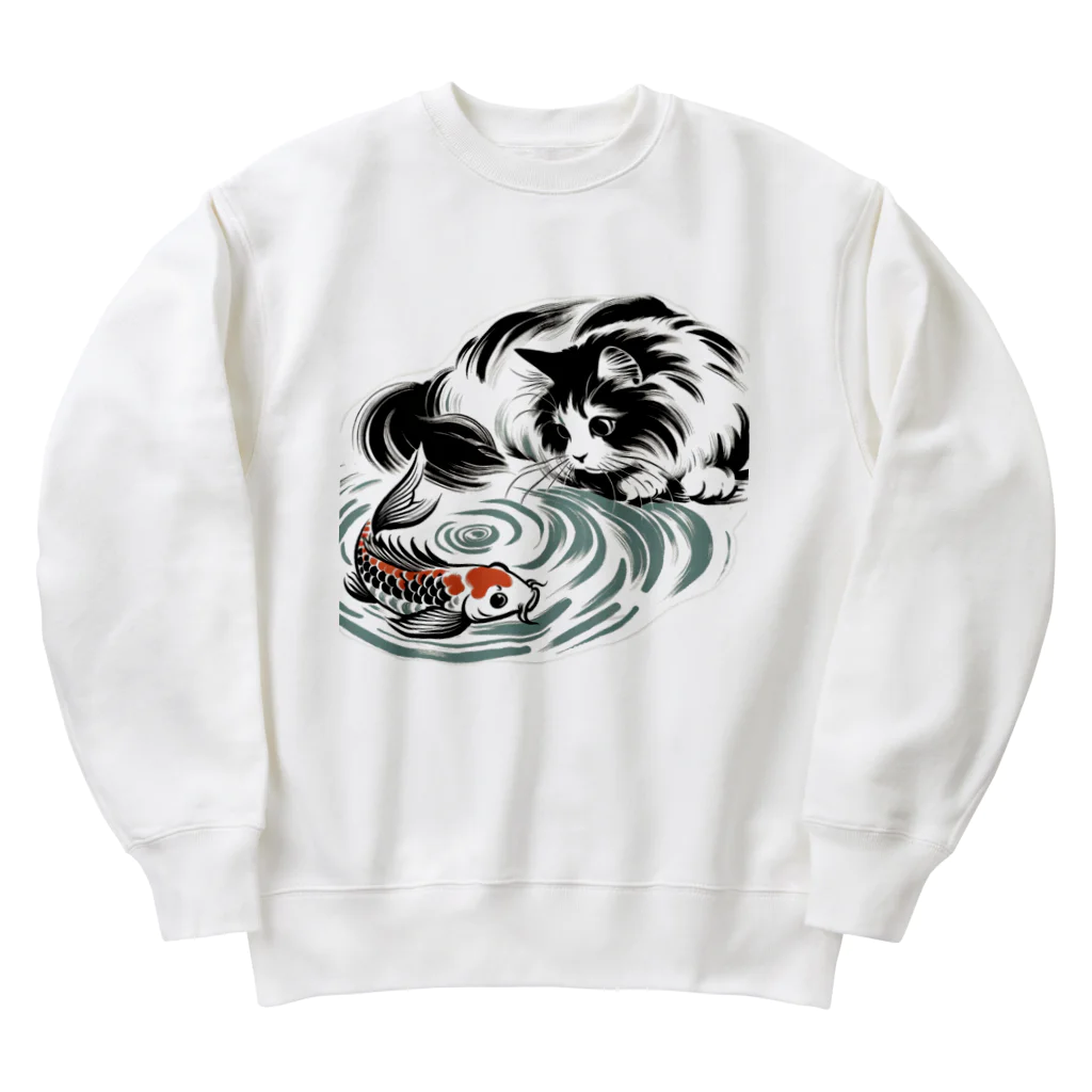 MakotOの猫と鯉（水墨画風） Heavyweight Crew Neck Sweatshirt