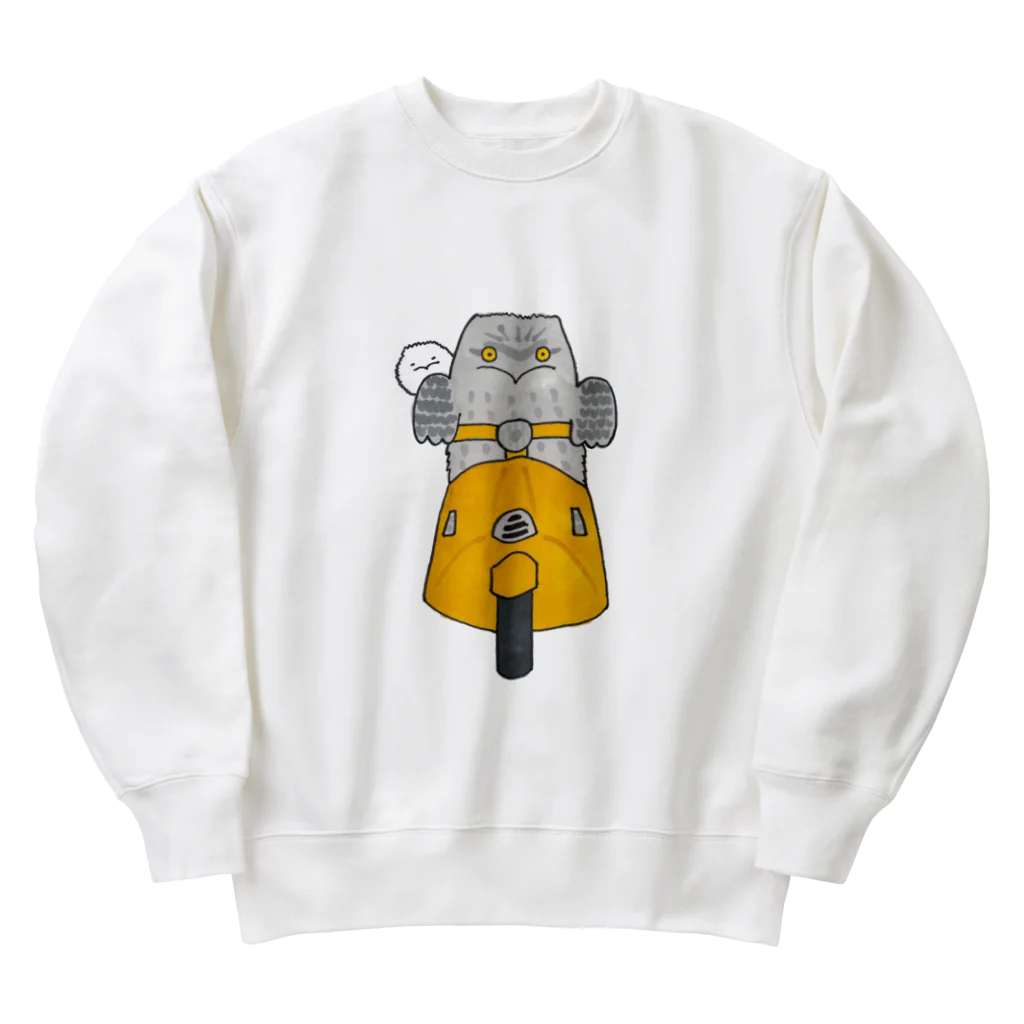 森図鑑の[森図鑑] バイクをかっとばすガマグチヨタカとその赤ちゃん Heavyweight Crew Neck Sweatshirt