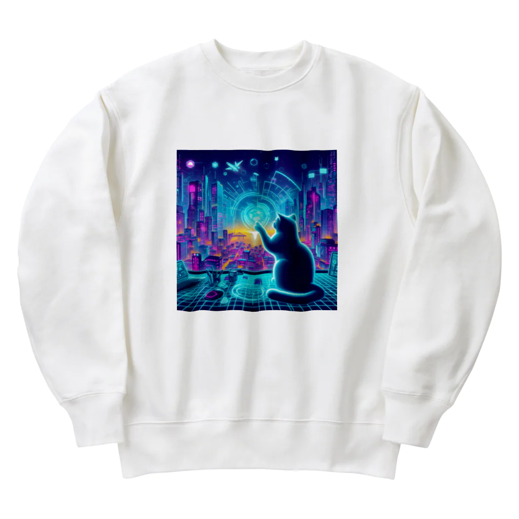 ニャーちゃんショップのサイバー都市でホログラフィックな街並みを楽しむネコ Heavyweight Crew Neck Sweatshirt