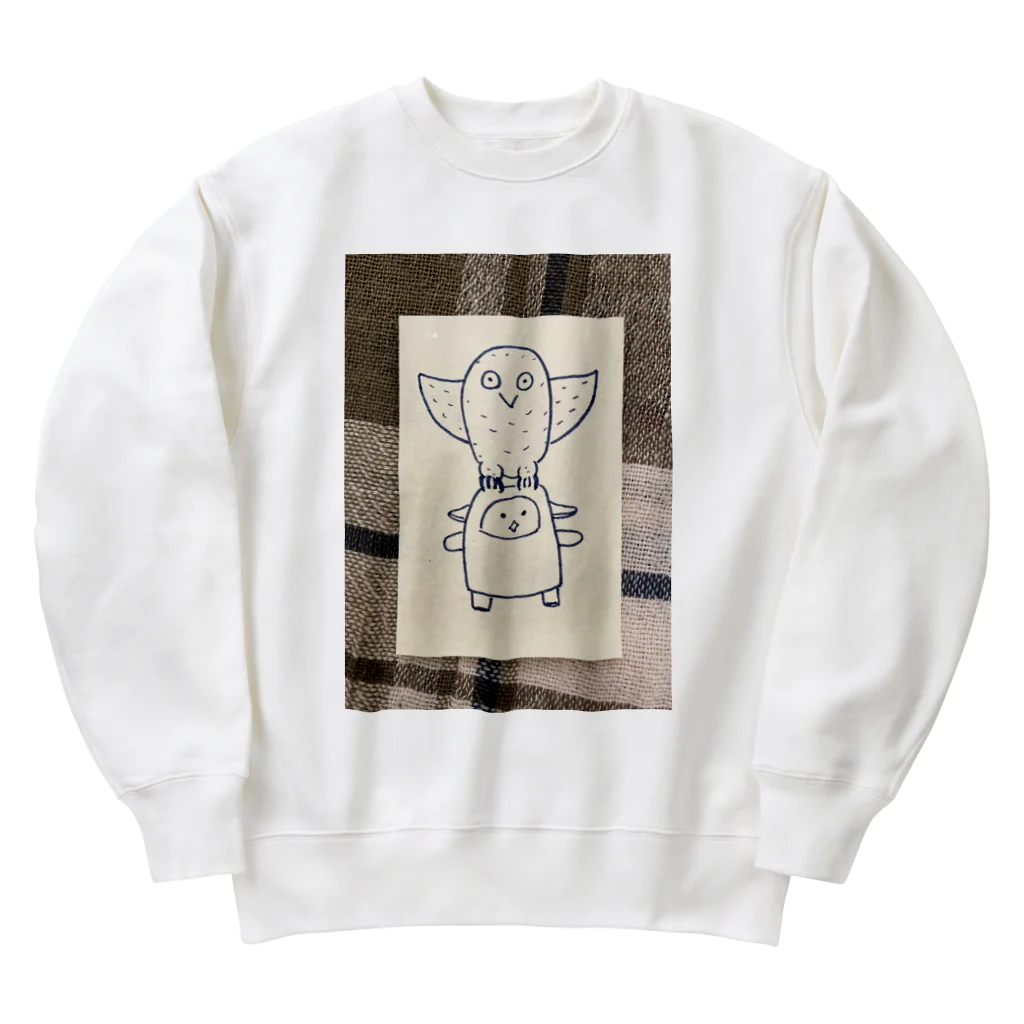 まるいひと＠羊かまぼこマンの羊かまぼこマンとフクロウ Heavyweight Crew Neck Sweatshirt