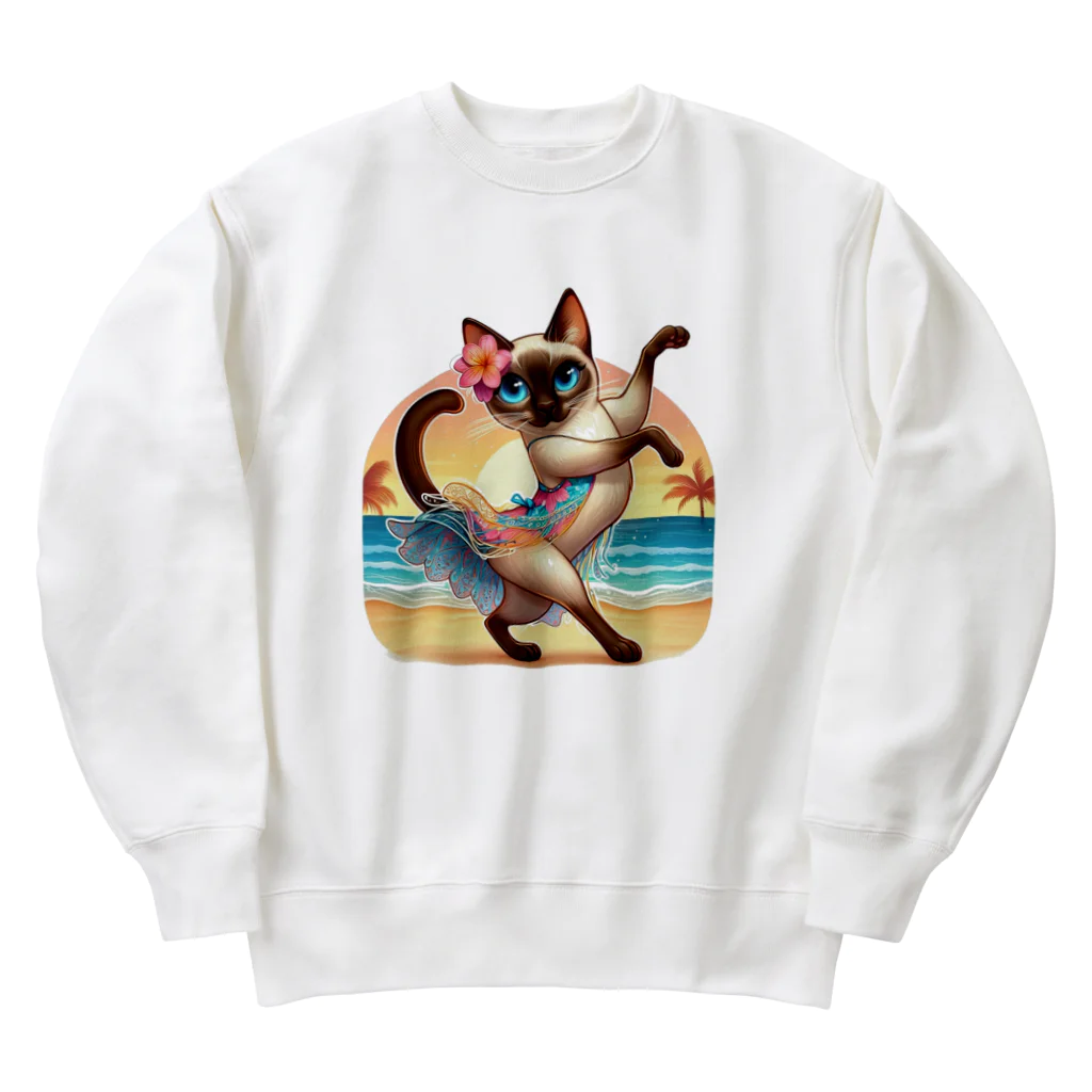 猫と紡ぐ物語のリズム感抜群！長身な白シャムネコがビーチでランバダダンス！  Heavyweight Crew Neck Sweatshirt