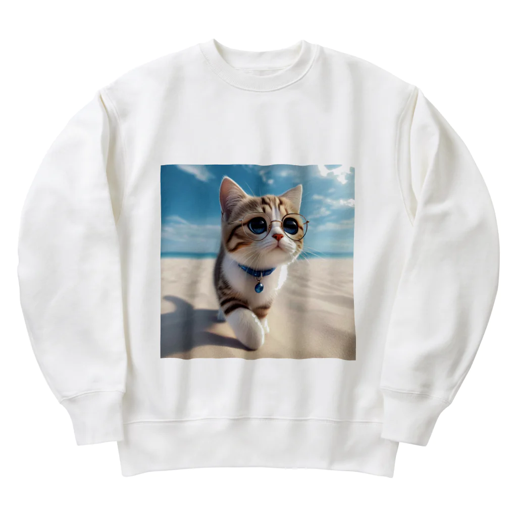 猫と紡ぐ物語の南国の海辺を歩く勇ましさに胸キュン猫 Heavyweight Crew Neck Sweatshirt