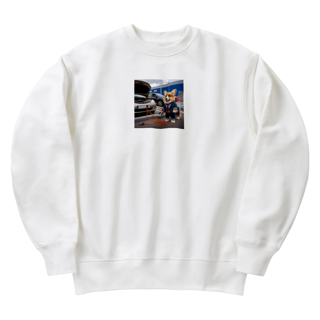 Colorful Canvasの車のバッテリーがあがって、立ち往生しているコーギー Heavyweight Crew Neck Sweatshirt