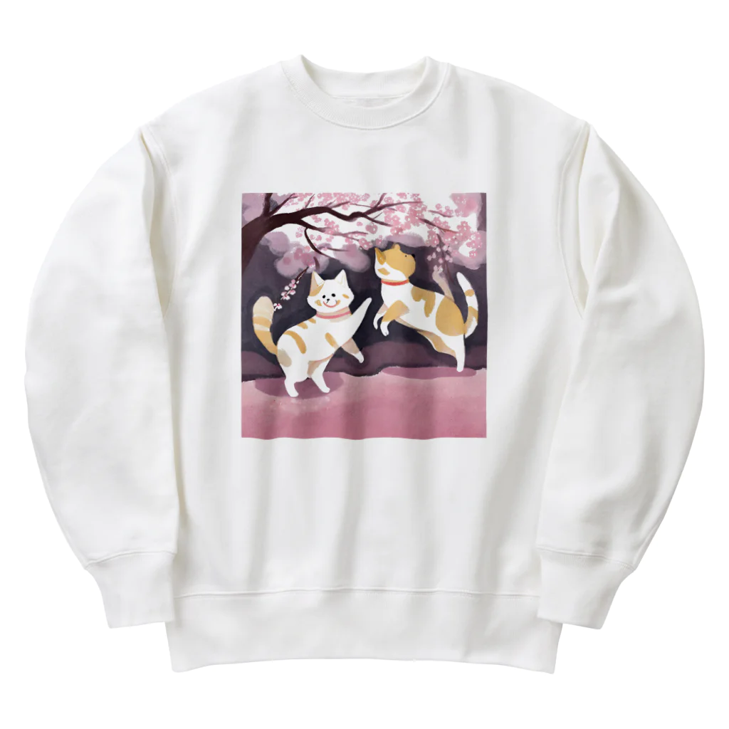 Shironekokuuの桜で遊ぶ犬と猫 Heavyweight Crew Neck Sweatshirt