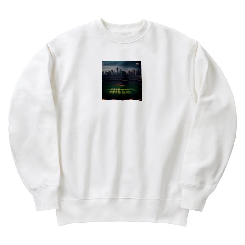 dream_canvasの空にそびえる高層ビルとスポーツスタジアムの壮大な景色。 Heavyweight Crew Neck Sweatshirt