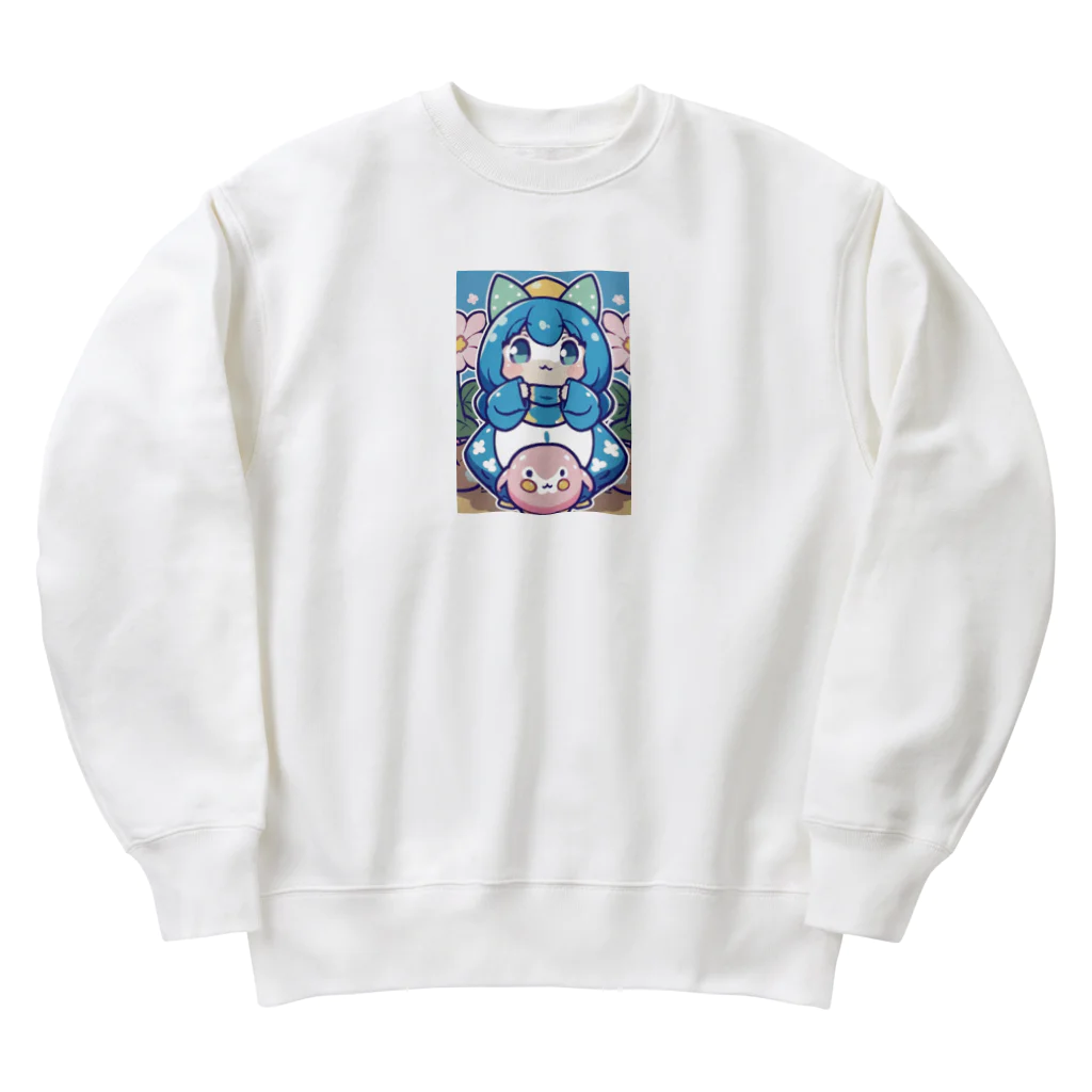 カピパーラ🐻の青い髪の姫とピンクのかわいい生物♪ Heavyweight Crew Neck Sweatshirt