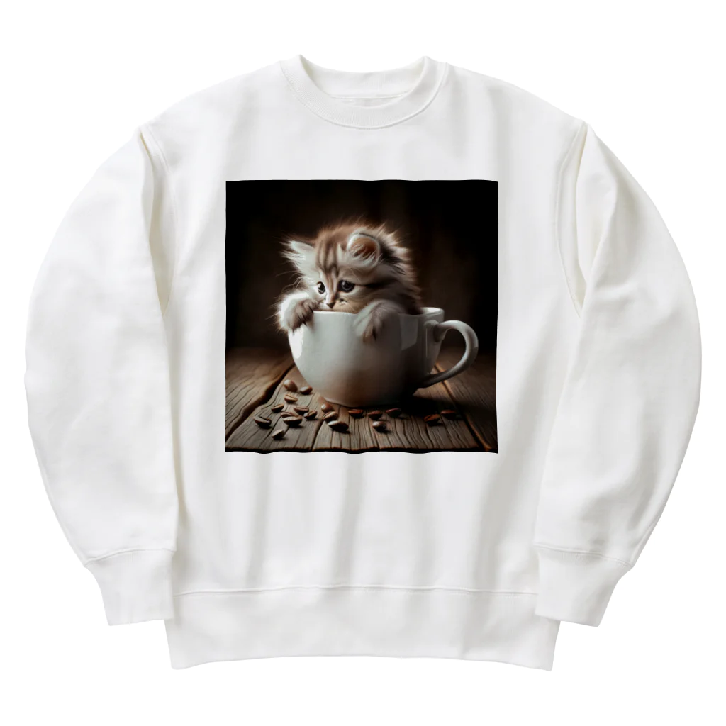 IloveCatのふわふわ子猫とカフェのおしゃれなコーヒーカップ Heavyweight Crew Neck Sweatshirt