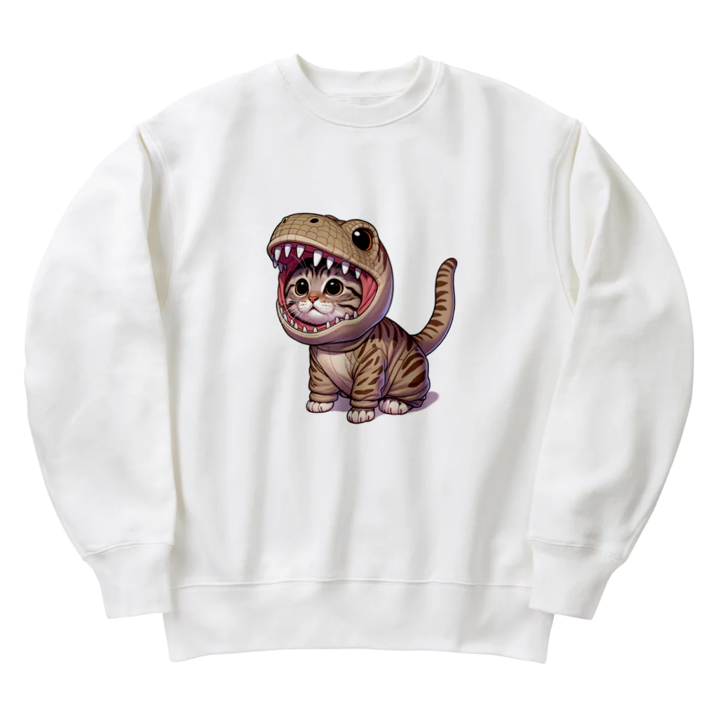 IloveCatの子猫がティラノサウルスのフードを被っている Heavyweight Crew Neck Sweatshirt