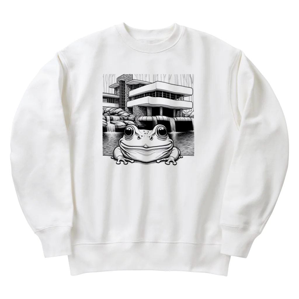 archifrogの落水荘風の建築物に佇むカエル Heavyweight Crew Neck Sweatshirt